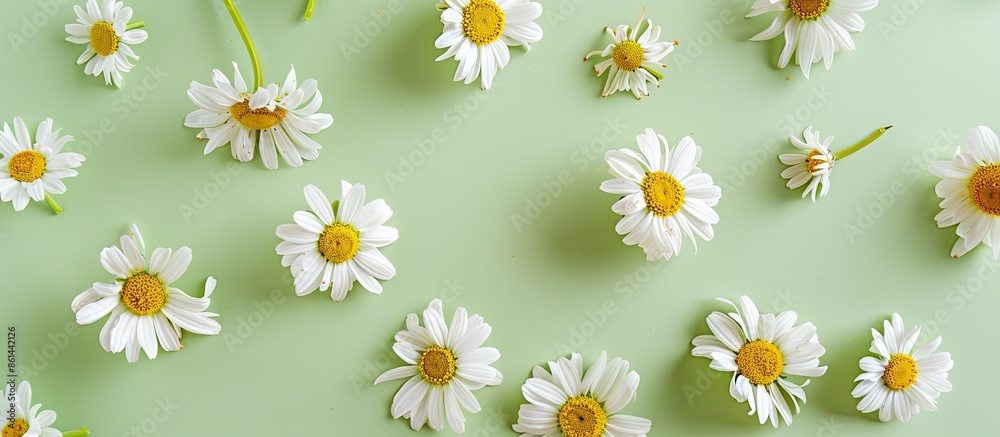Poster Chamomile pattern on soft green backdrop with copy space image, conveying a spring or summer theme in a flat lay style.