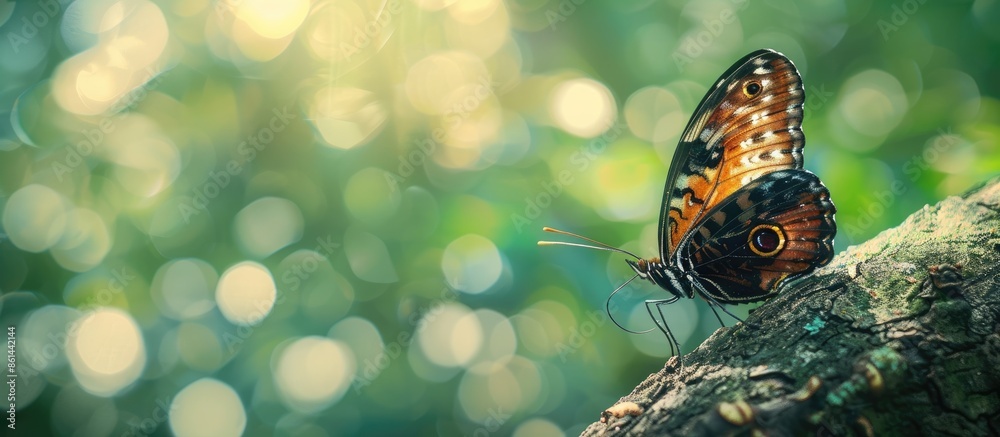 Poster Butterfly perched gracefully on tree branch with copy space image.