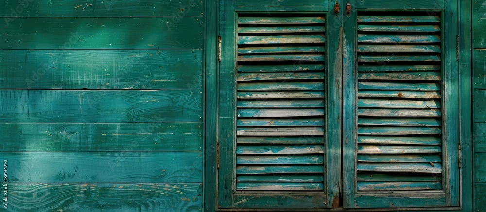 Aufkleber background featuring a dark green wooden window shutter with copy space image.