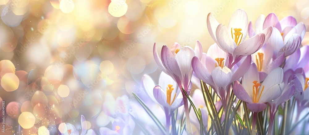 Poster Blurry background with lovely spring crocus flowers, perfect for adding text in the copy space image.