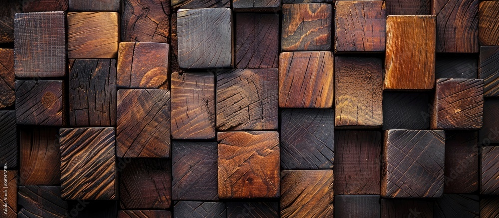 Poster Close-up of wooden blocks arranged to form a vintage background with a detailed view of the grain wood texture, ideal for a copy space image.