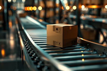 Photo of a cardboard box on a conveyor belt in a warehouse, ready for delivery and in the style of a logistics concept. With a telephoto lens and realistic lighting.