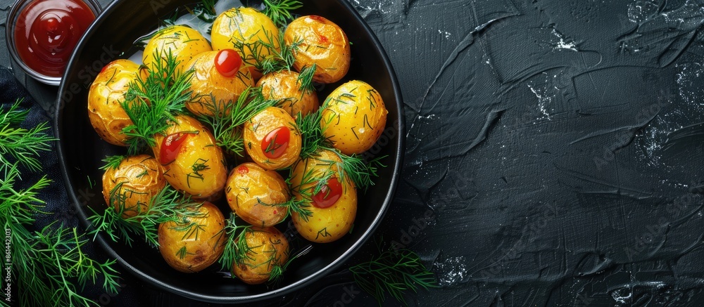 Aufkleber Boiled potatoes adorned with dill and ketchup presented in a top view, flat lay composition with a black background and copy space image.