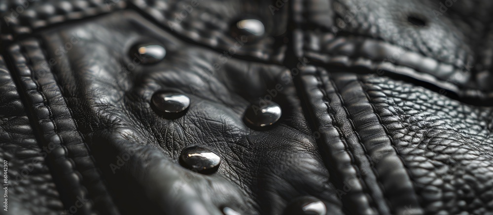 Poster close-up of black jacket rivets in leather texture background with copy space image.