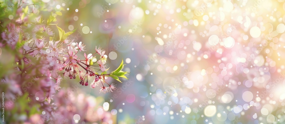 Poster blurred bokeh background with spring garden plants, offering copy space image.