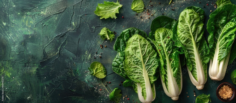 Poster flatlay showcasing a creative design with romaine leaves on a green backdrop, creating a healthy veg
