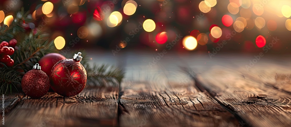 Poster christmas balls on a rustic wooden backdrop for festive occasions, providing a holiday ambiance with