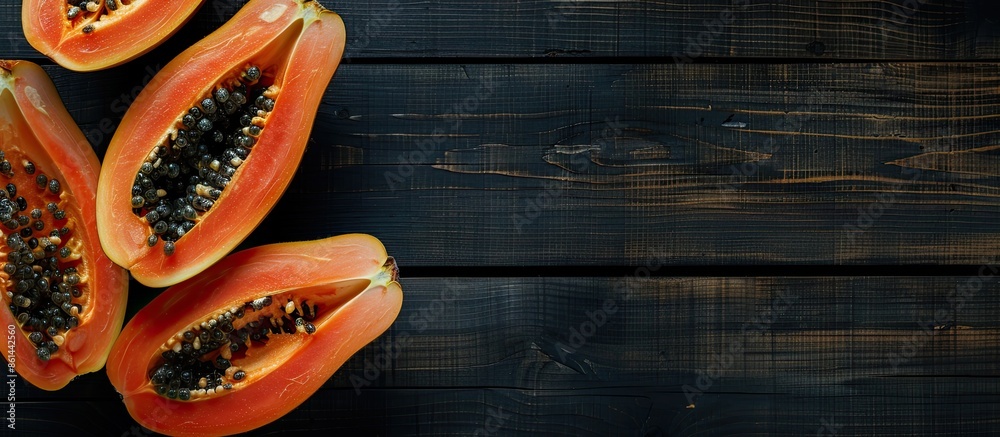 Poster Dark wooden backdrop with papaya slices from above, presenting an expansive copy space image as a focal point.