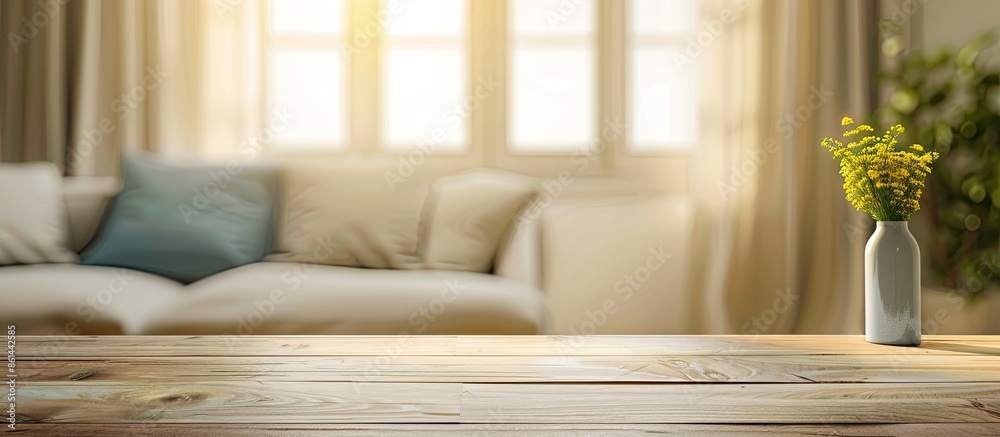 Poster blurry living room background with a table top and copy space image.
