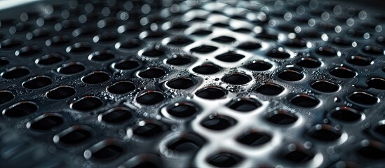 Detailed close-up view of a grater blade tool against a copy space image. It comes in black, red, silver, chrome, and grey metallic colors, with shiny surfaces and sharp holes, ideal for preparing