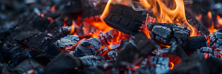 Burning firewood and coals of a fire close up. Background for grilled food with fire.