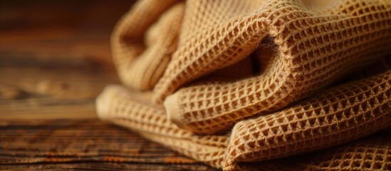 Brown kitchen towels on a wooden table, focusing on the cotton waffle fabric texture. It serves as a textile background or wallpaper in a close-up shot, offering ample copy space.