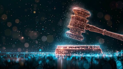 Digital representation of a judge's gavel with a technological background, symbolizing modern justice and technology in the legal field.