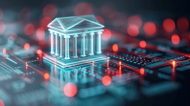 Digital illustration of a bank building on a futuristic circuit board representing the concept of digital banking and financial technology.