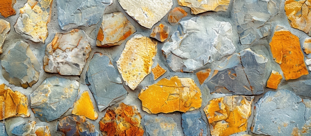 Aufkleber close-up image of a light stone wall showcasing a mix of yellow, gray, and orange stones with cement
