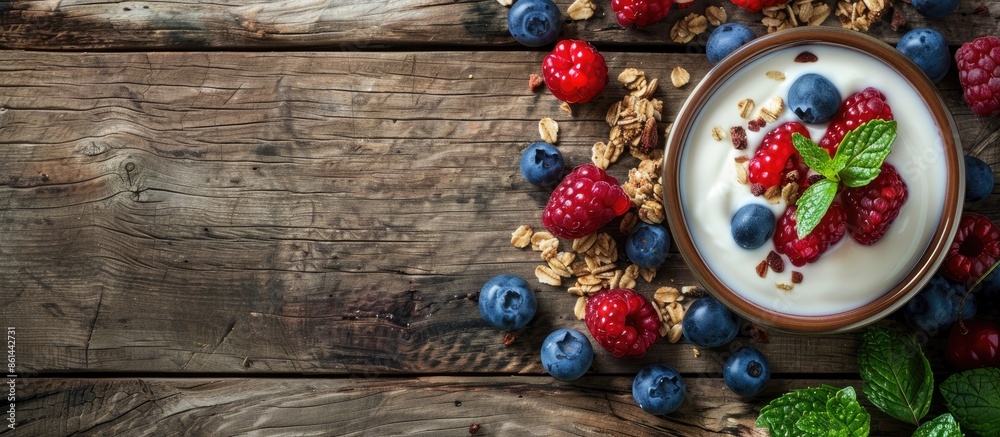 Poster close-up shot of yogurt, berries, mint, and granola on a wooden table, featuring a blank area ideal 