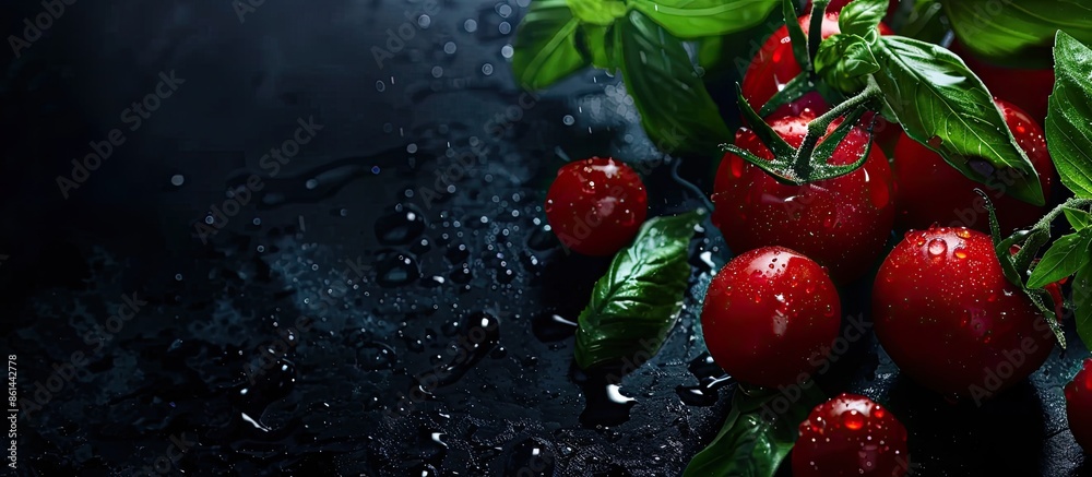 Poster Dark background with copy space image showcasing cherry tomatoes and basil leaves adorned with water droplets.