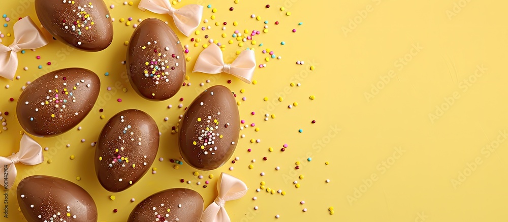 Poster Flat lay composition of sweet chocolate eggs adorned with bows and sprinkles on a yellow backdrop with ample copy space image for text.