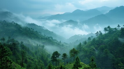 Fototapeta premium Misty Mountain Landscape with Green Foliage