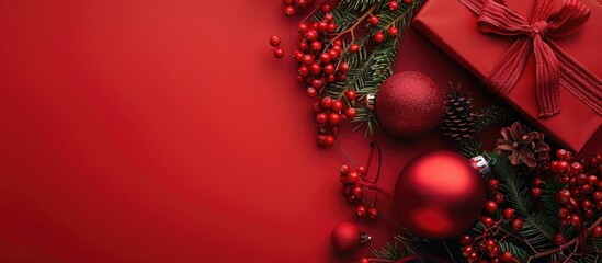 Festive Christmas background featuring a red ornament, gift box, and berries with copy space image.