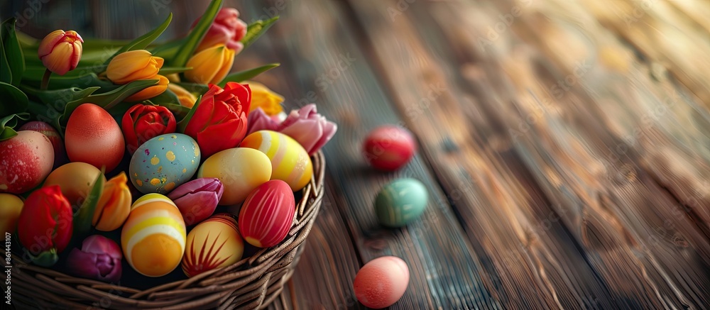 Poster colorful easter eggs and a tulip bouquet in an easter basket on a textured wooden table, representin