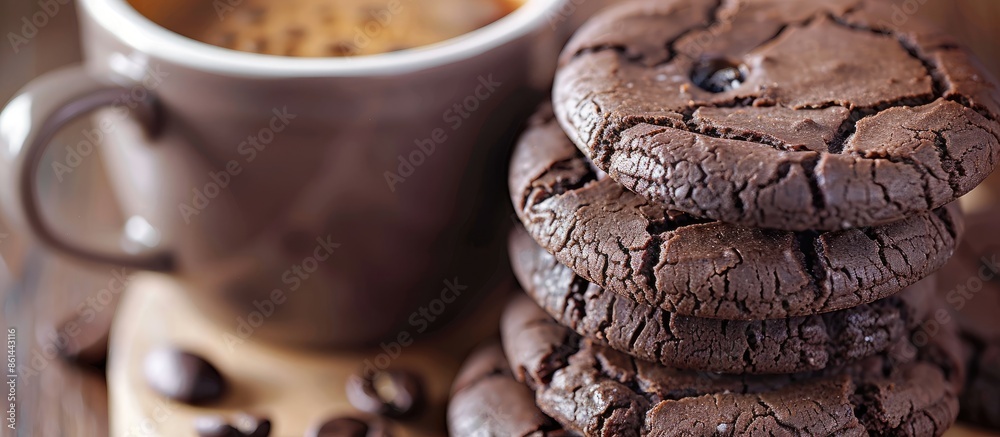 Aufkleber Close up of chocolate cookies and coffee cup, creating a symbolic copy space image representing a delicious snack or sweet dessert with selective focus.