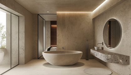 A luxurious, minimalist bathroom with a large freestanding bathtub, elegant fixtures, and natural light, creating a serene and sophisticated space