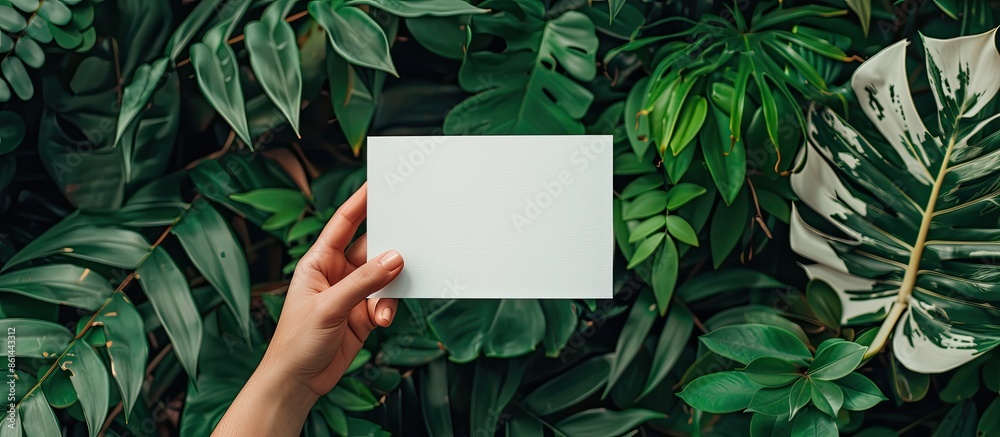 Poster card mockup featuring a hand holding a card against a green backdrop with plant elements, providing 