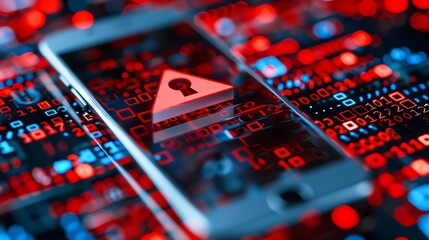 The red warning sign on the mobile phone screen, background of blurred city lights and binary code, in the style of online security concept.