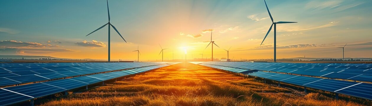 Milestone in renewable energy front view Advancing sustainable power futuristic tone tetradic color scheme