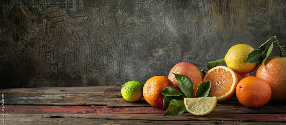 Poster Citrus fruits arranged on a wooden table with ample space for text or graphics in the background.