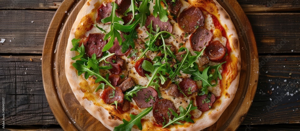 Aufkleber flat lay on a wooden table featuring a delicious pizza topped with meat and arugula, providing copy 