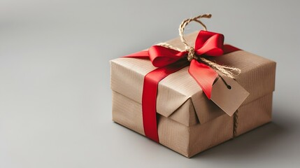 Obraz premium Neatly Wrapped Parcel Box with Red Bow and Gift Tag on White Background