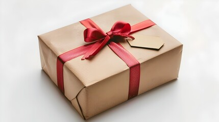 Fototapeta premium Neatly Wrapped Parcel Box with Red Bow and Gift Tag on White Background