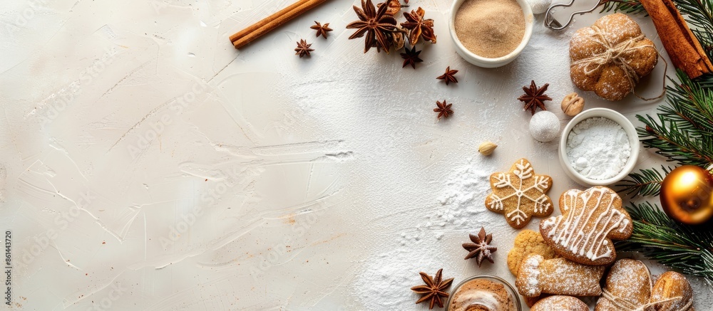 Poster Christmas cookie making ingredients displayed on a bright background with space for text. image with copy space