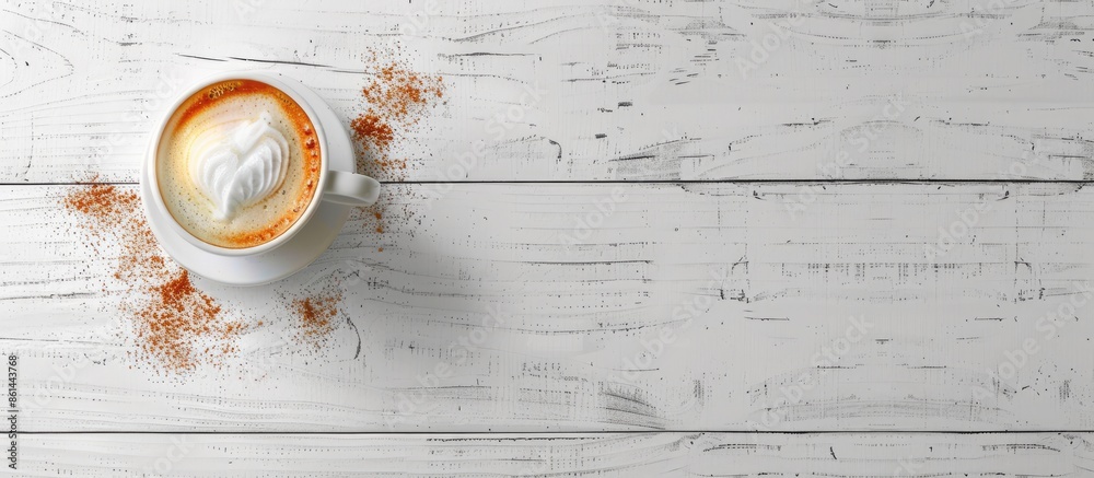 Poster Cappuccino cup on a white wooden table with empty space for an image. image with copy space