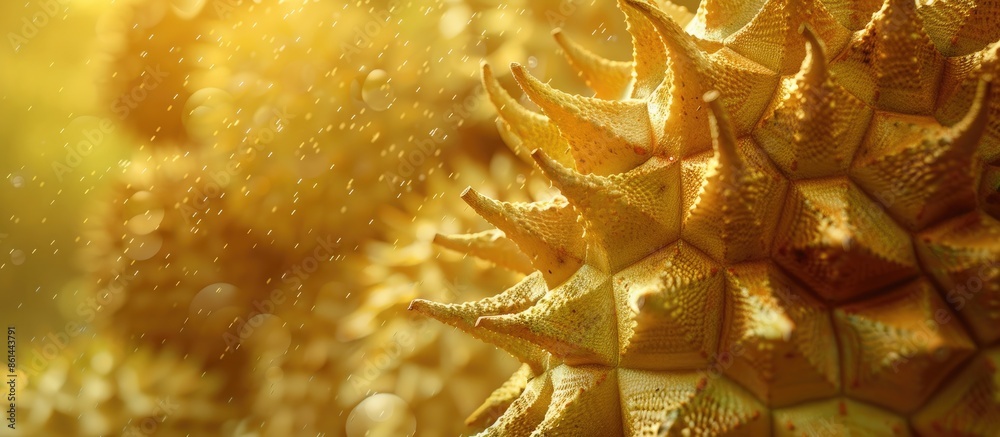 Poster detailed closeup image of a durian, known as the 'king of fruit', with copy space image.