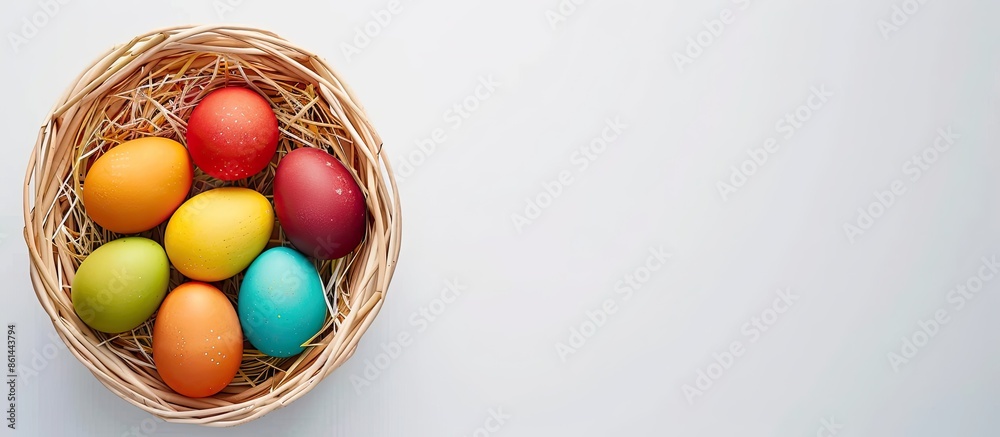 Aufkleber An arranged display of colorful Easter eggs in a basket set against a plain white backdrop with room for text. A top-down view showing a festive arrangement with a flat layout alongside the copy