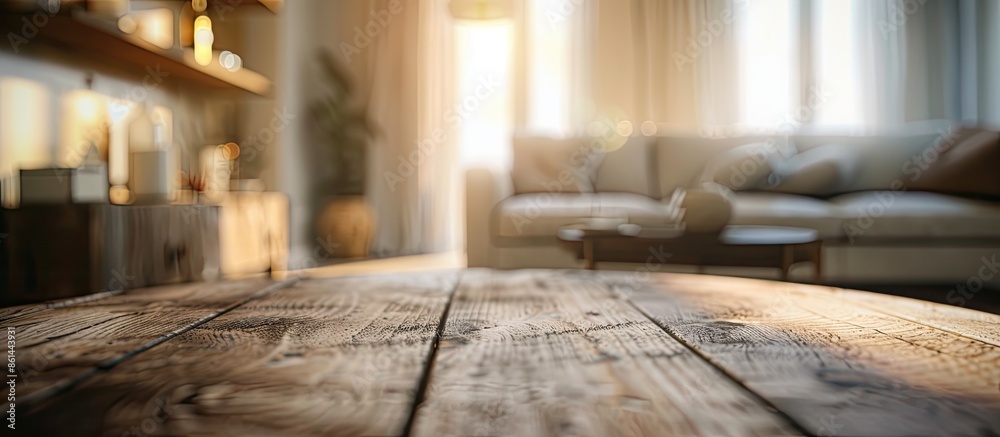 Poster blurry living room background with a table top and copy space image.