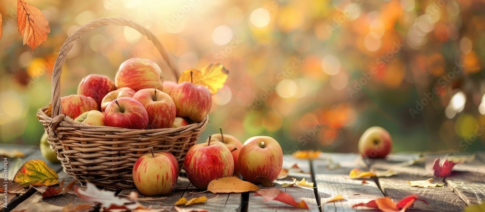 Poster autumn leaves embellish a wooden table with a basket of juicy apples, creating a charming setting wi