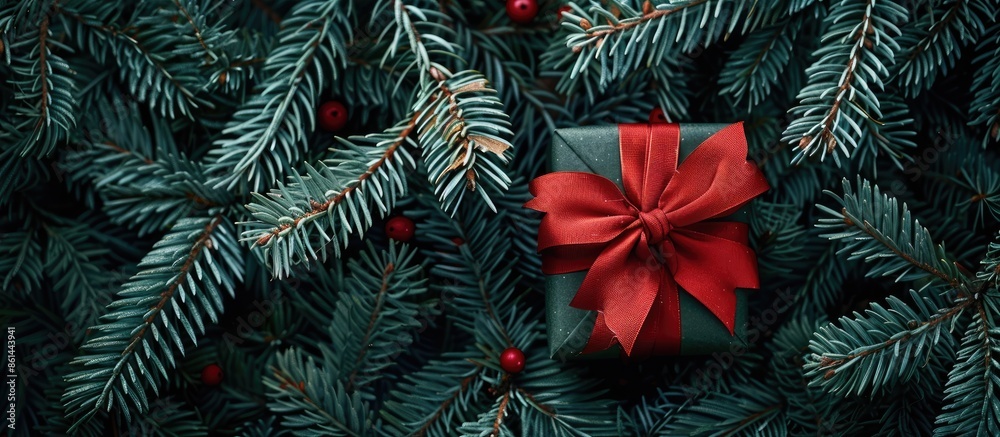 Poster festive christmas gift box with a red bow nestled in fir branches creates a xmas and new year compos