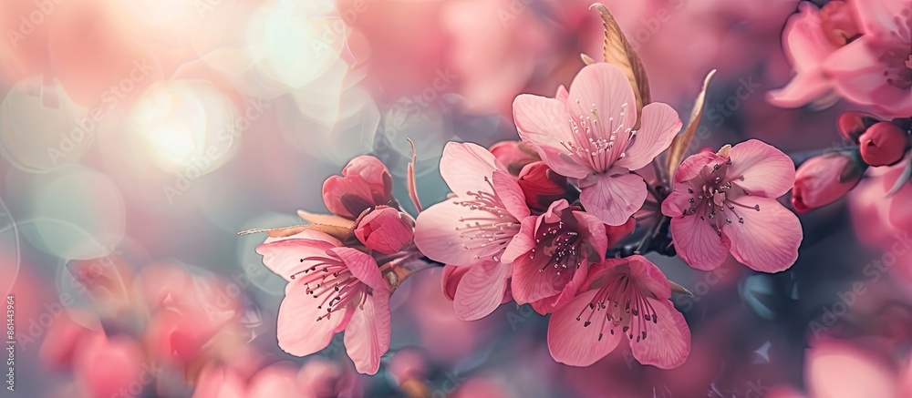 Poster close-up image showcasing a tree branch with beautiful fresh pink flowers in full bloom during sprin