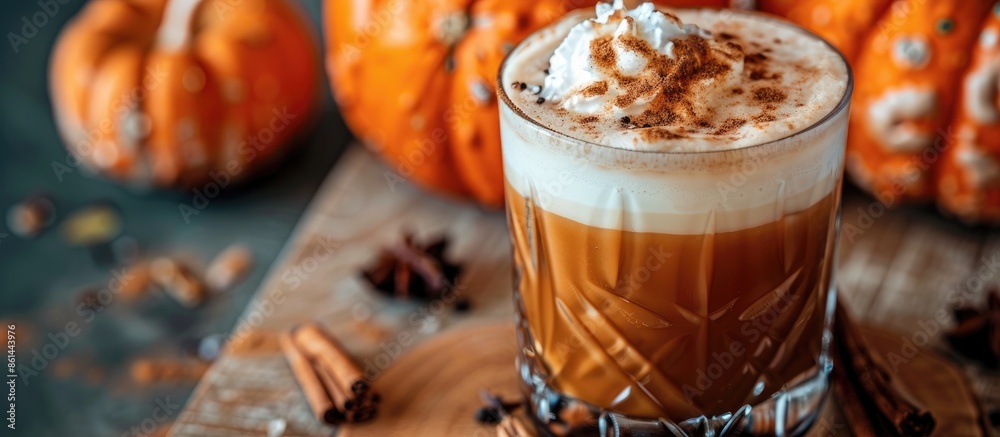 Poster close-up of a pumpkin spiced drink with foam and cinnamon garnish against a backdrop of pumpkins, pe