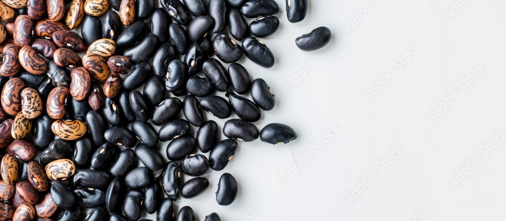 Poster Black beans arranged neatly with plenty of white space around them for additional elements in a copy space image.