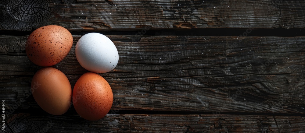 Poster close-up shot of some fresh eggs on a dark wooden background with copy space image.