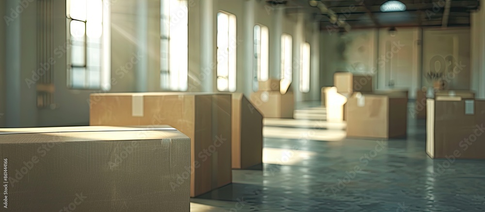 Poster Close-up view of carton boxes in an empty room, with copy space image.