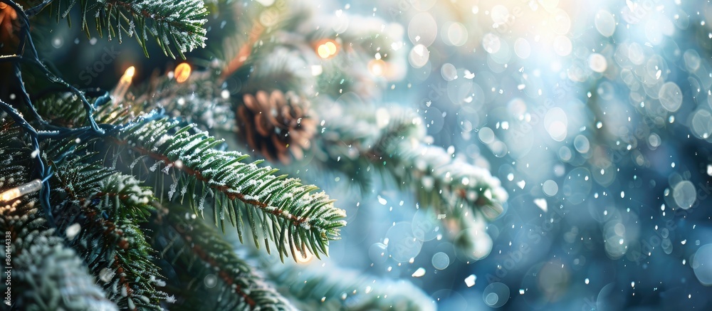 Poster festive holidays backdrop featuring snowfall, a fir-tree, and a christmas card with selective focus,