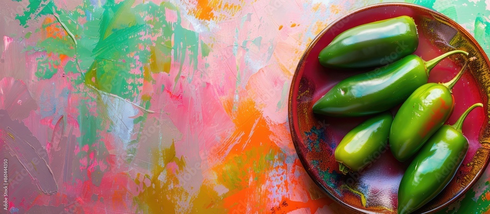 Leinwandbilder Close-up of a plate with vibrant green jalapeno peppers against a colorful backdrop with ample space for additional elements in the image.