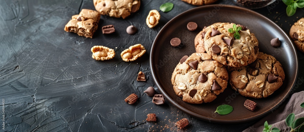 Poster close-up of tasty cereal cookies on a plate with a copy space image available.