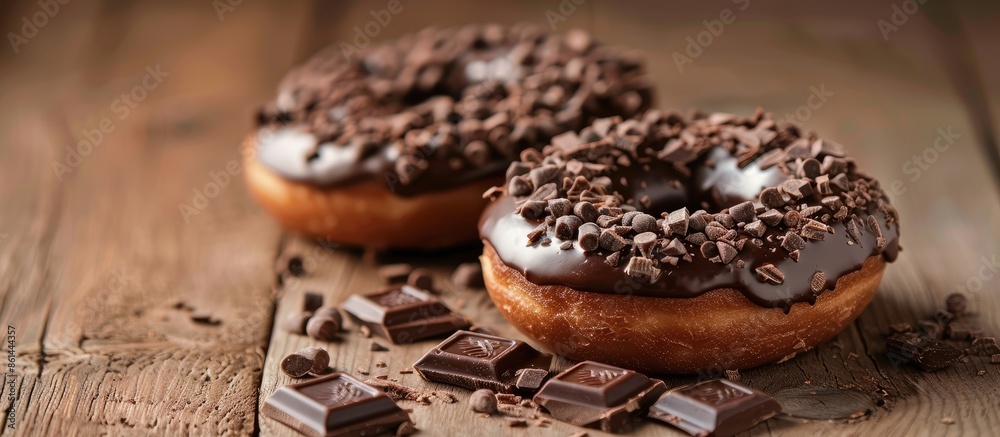 Poster Chocolate donut with chocolate pieces and stripes displayed on a wooden table with selective focus for a copy space image.